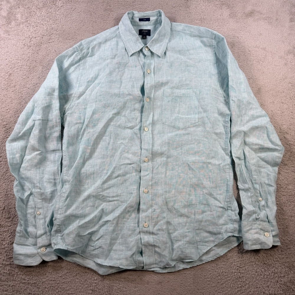 J Crew Shirt Mens Medium Teal Blue Linen Slim Long Sleeve Button Up Pocket